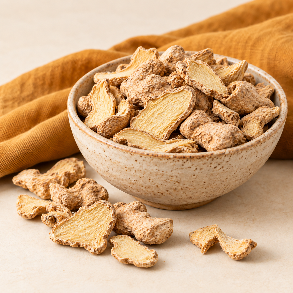 Gingembre séché en morceaux dans un bol — Mandéa